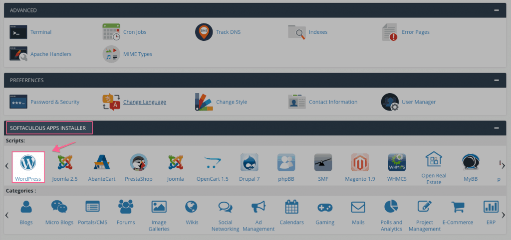 cài đặt WordPress bằng Softaculous
