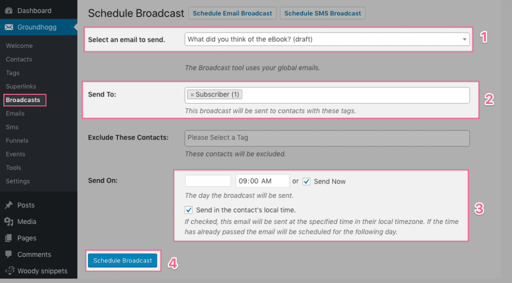 Schedule Broadcast cua Groundhogg