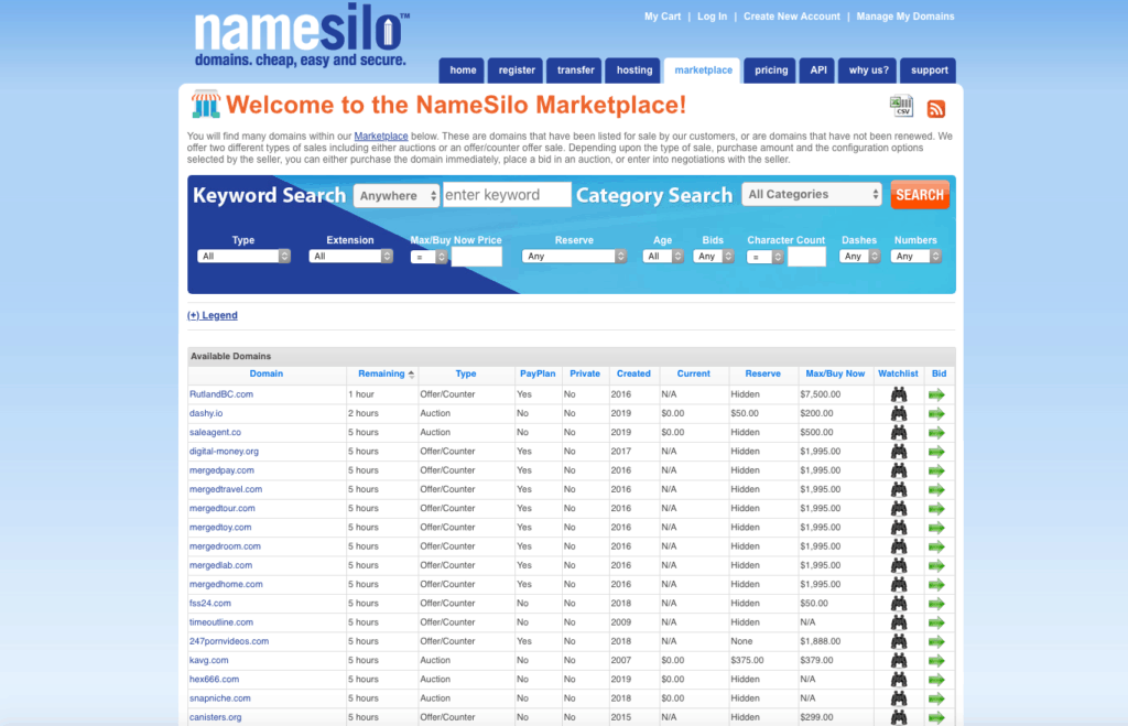 Marketplace Cua Namesilo