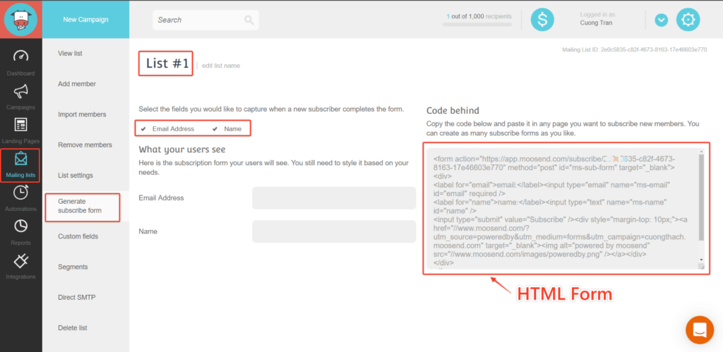 Tao Html Form Trong Moosend